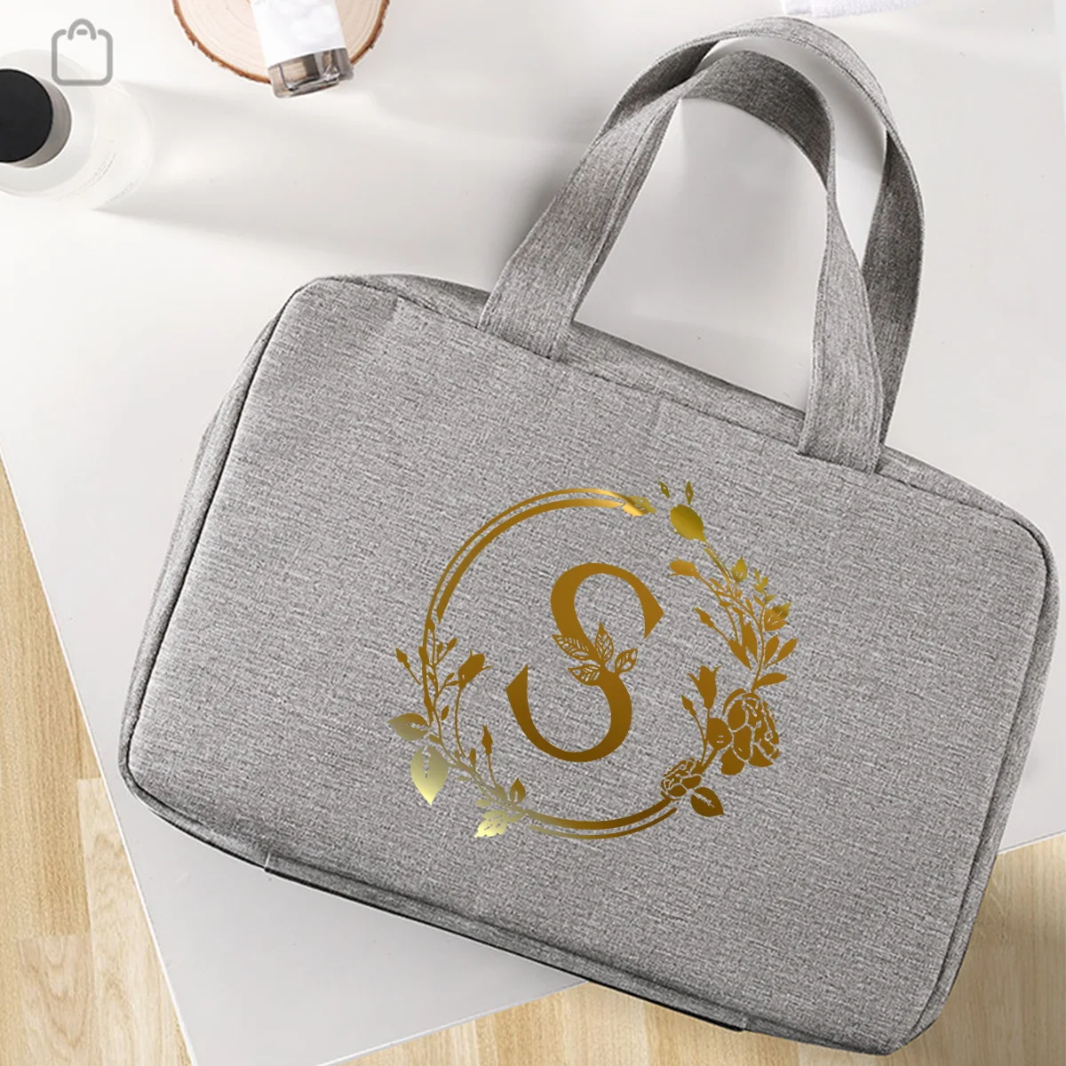 Leaf gold letter print travel waterproof foldable dry wet separation wash bag with large capacity cosmetic storage bag