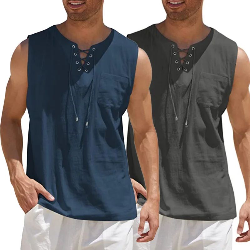 

Fashion Men Tank Top Sleeveless Cotton Linen Casual Vest V Neck Lace Up Tees Shirts Loose Male Streetwear Pullover Summer