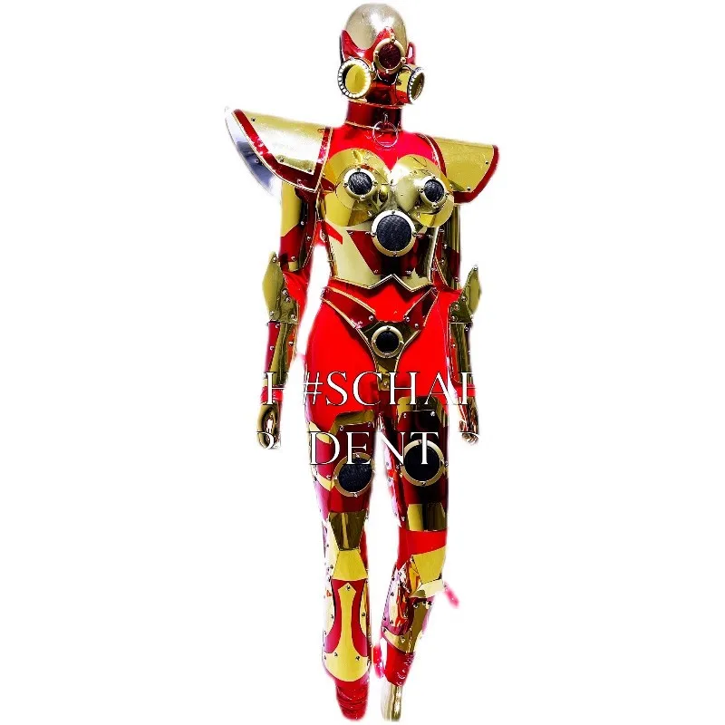 

Party Cosplay Wear LED Light Women Punk Gold Mirror Armor Red Bodysuit Robot Suit Catwalk Perform Costume Singer Stage Show Club