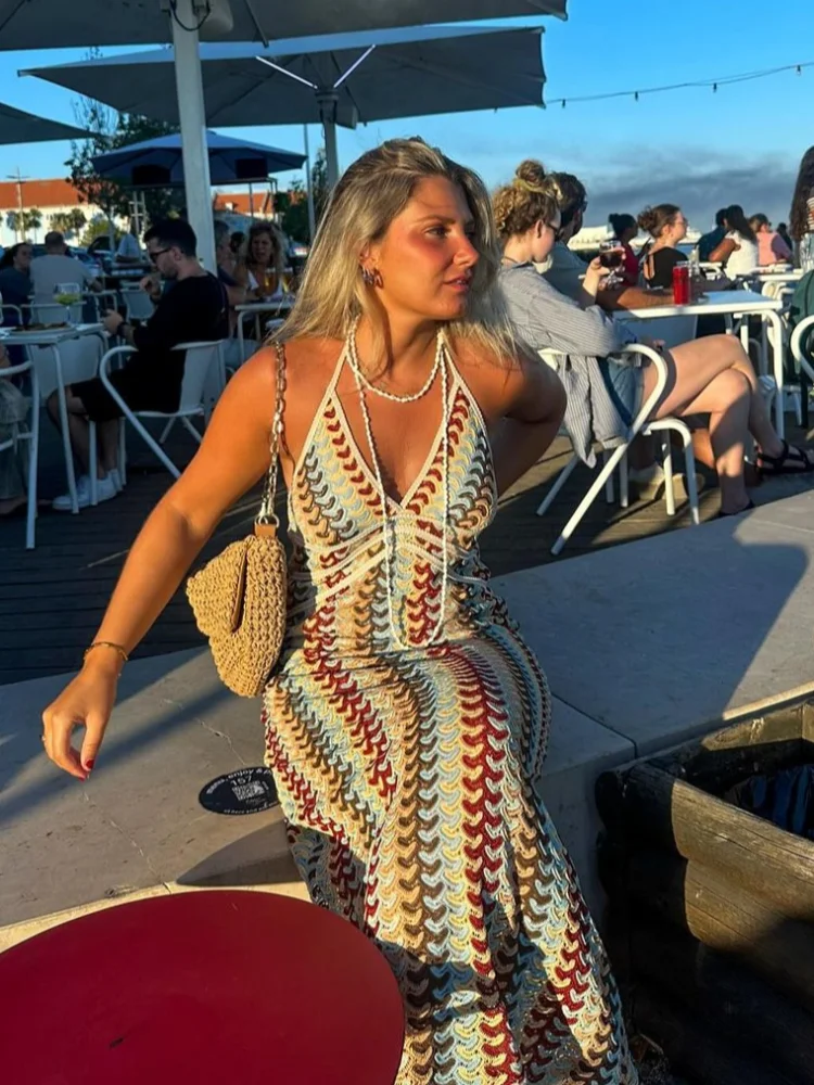 Sexy Printed Colorful Deep V-neck Crochet Maxi Dress Women Chic Sleeveless Backless Sling Slim Vestido 2025 Lady Vacation Robes 5