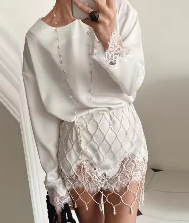 Women Elegant Lace Patchwork Lace-up Dress Solid Round Neck Full Sleeve Satin Loose Mini Dresses 2026 Spring Party Club Vestido 12