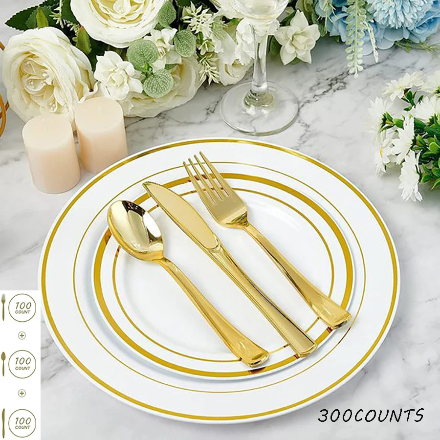 파티, 뷔페, 결혼식 등을 위한 300개 골드 플라스틱 실버 식기류