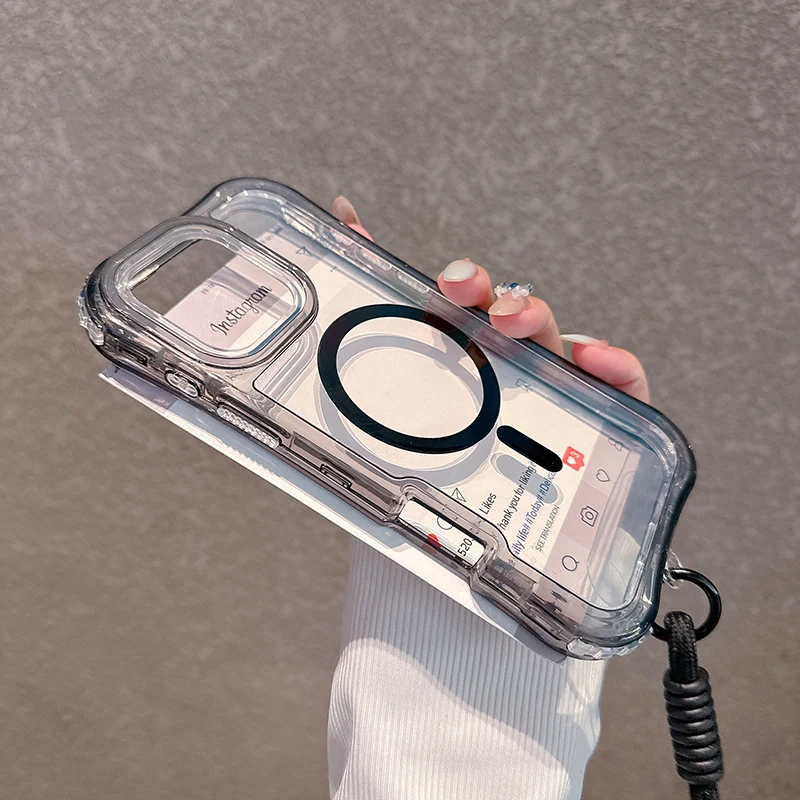 Heavy Duty Clear Shockproof Magnetic Phone Case with Magsafe Charging and Lanyard Attachment