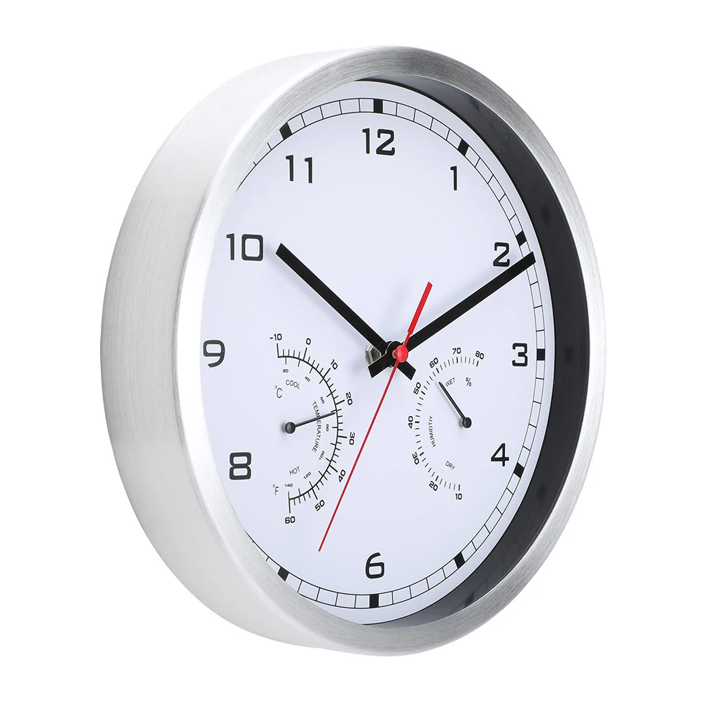 Battery Operated Wall Clock with Silent Movement and Temperature Humidity Display 10 Inch Aluminum Frame Design