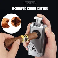 Four Blue Flame Rocker Cigar Lighter V-Cigar Cutter Cigar Rig Anti-Hot Fork Visual Gas Window Multi-Function Ignition 2