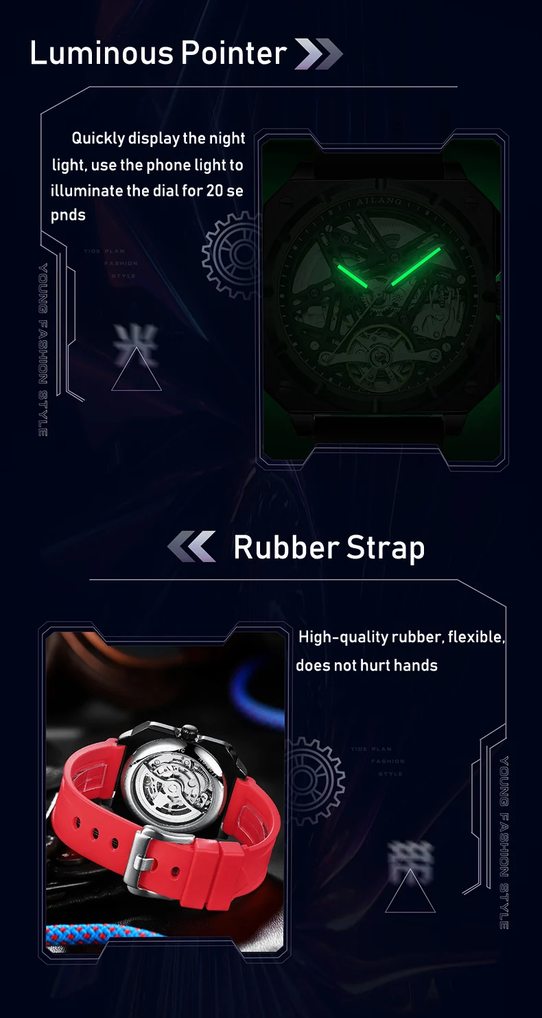 AILANG Square Skeleton Dial Mechanical Watches Automatic Mens Watches Luxury Original Rubber Tourbillon Clock Watch For Men_voghion.com