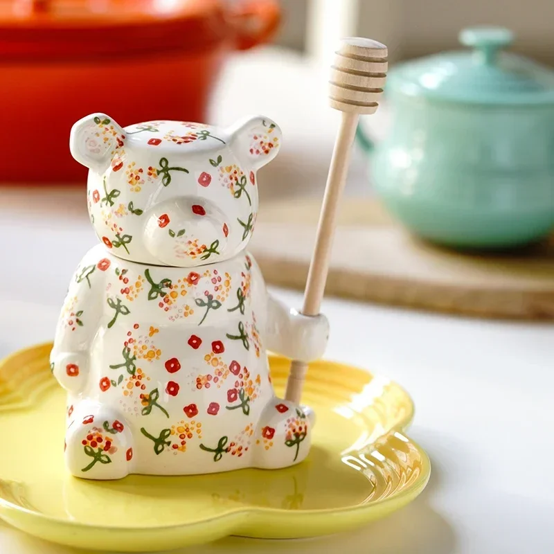 Ceramic Cute Bear Honey Jar with Lid Candy Storage Jar For Kitchen Honey Spoon Tea Storage Box Kitchen Accessory Home Decor Ceramic Storage Jar Spice Storage Box