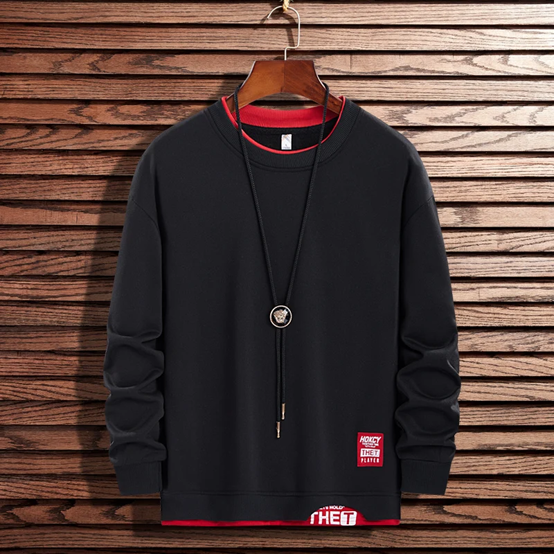 

Mens Casual Sweatshirts Harajuku Loose And Comfortable 2023 New Fashion Male Fake Two Pieces O-Neck Hoodies Hip Hop Streetwear