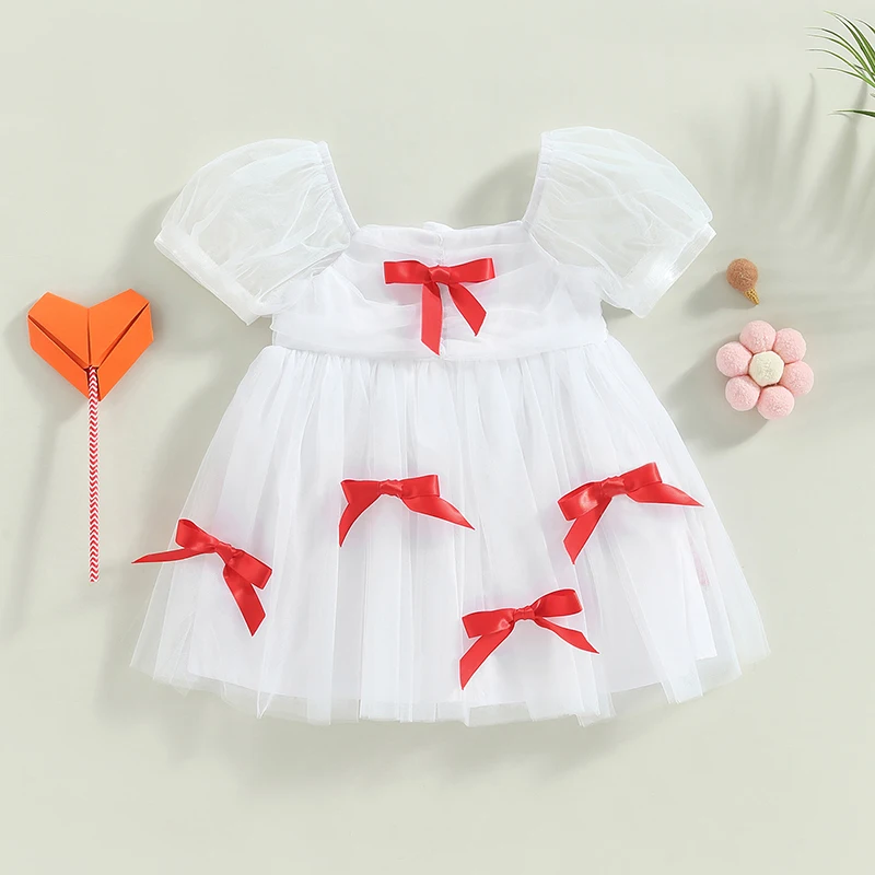 

Infant Baby Girls Sweet Princess Dress Toddler Summer Cute Bowknot Square Neck Short Puff Sleeve A-line Dress