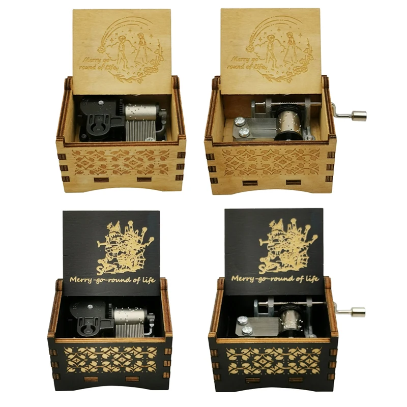 Howl's Wooden Music Box Moving Castle Laser Engraving Clockwork Type /Hand-operated Type Home Decoration Gift