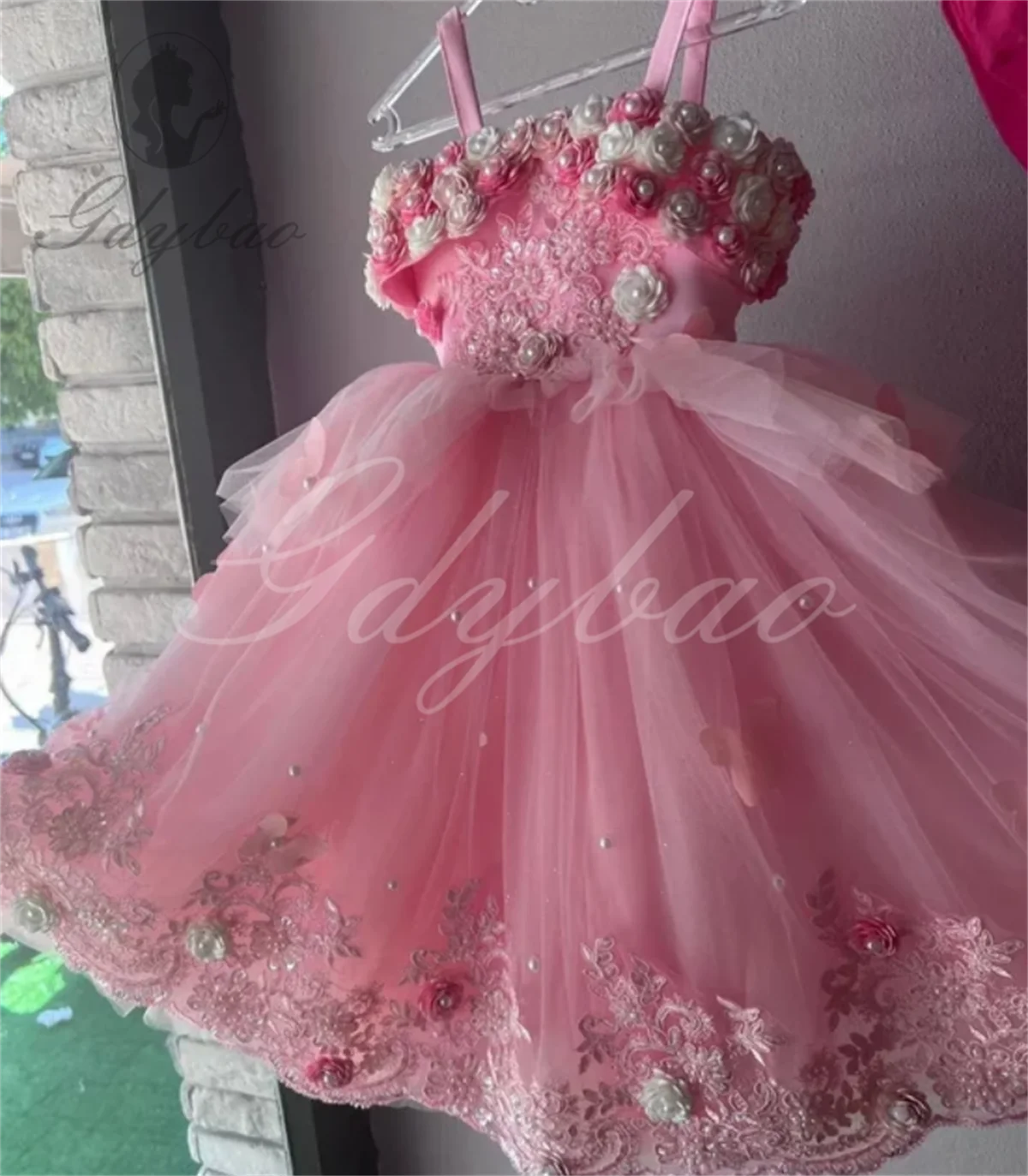 

Pink Flower Girl Dress For Wedding Puffy Pearls Tulle Suspenders Applique Princess Kids First Communion Ball Gown Party Dress