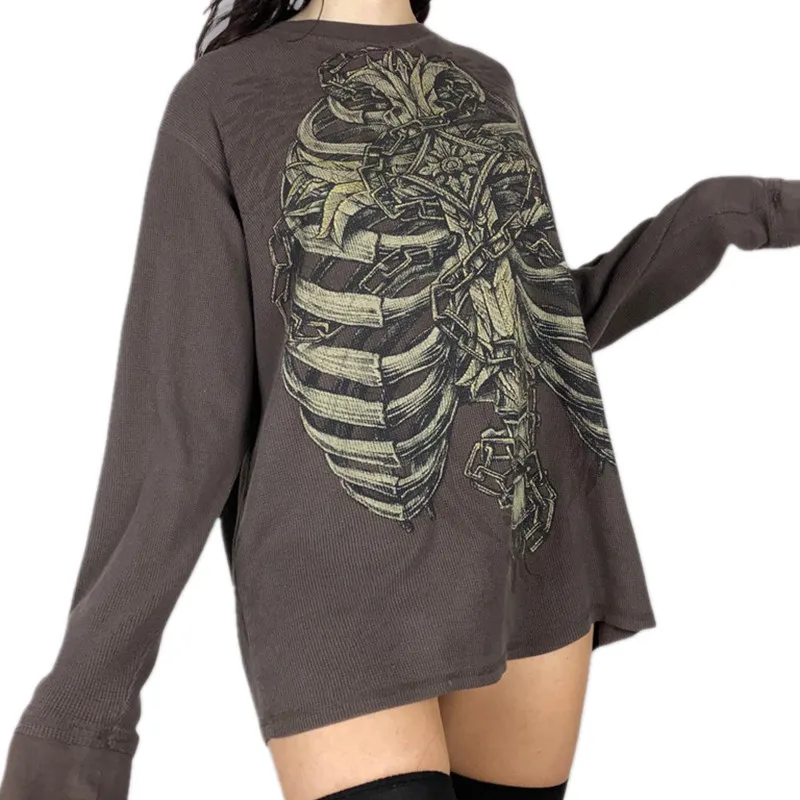 

Top Women Goth T-shirts Spring Autumn 90s Vintage Clothes Skull Printed Loose Long Sleeve Tees Female Clothing y2k Streetwear