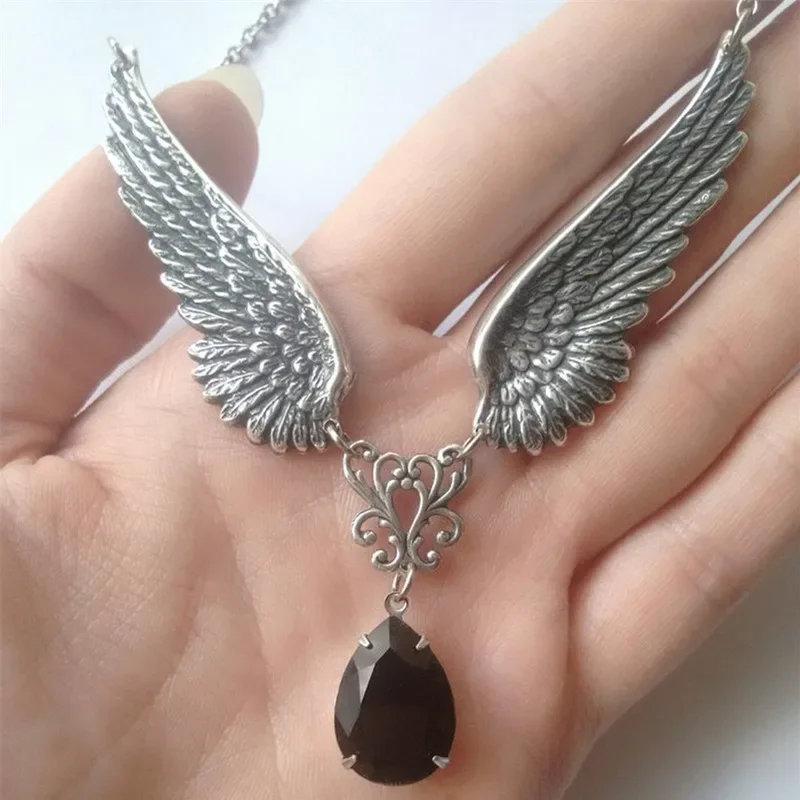 Silver Plated Heart and Angel Wings Pendant Necklace - Vintage Statement Jewelry