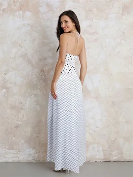 Women's Summer Long Cami Dress Sleeveless Open Back Halter Neck Dot Print Beach Dress 1