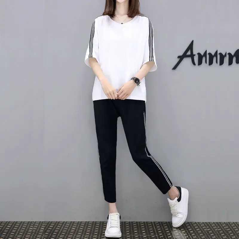 Women Sports Suit Autumn Fashion Loose Half Sleeve Ankle-length Pants Two-piece