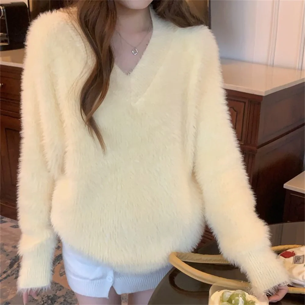 

Женский трикотажный свитер с V-образным вырезом, свободного покроя