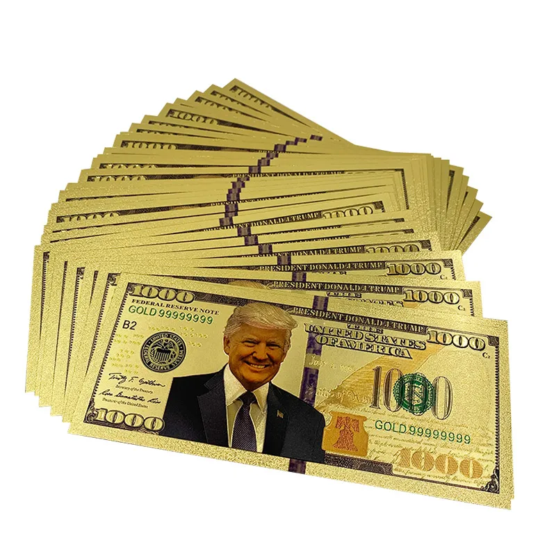 

1000 pcs US Donald Trump Buch USD 1000 Gold Dollar Bill Banknote 24k Gold Foil Commemorative Banknote Check TRB Card For Gift