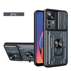 Military Grade Magnetic Slide Stand Ring Case with 360° Camera Protection and Card Slot for Redmi Note 13 5G (Grey)
