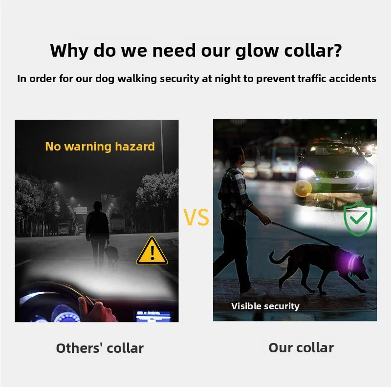 A "VS" comparison image showing a dark, hazardous street view without an LED collar versus a high-visibility "Visible Security" view of a dog wearing a glowing purple collar near a car.