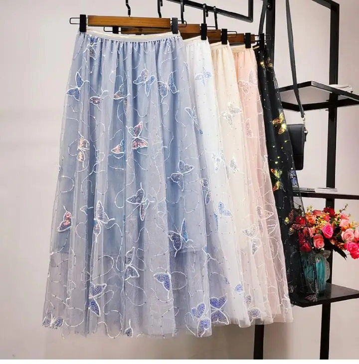 

Long Tulle Skirt Women Vintage Butterfly Elastic High Waist A-Line Mesh Pleated Skirt Female Midi Skirt Faldas Jupe