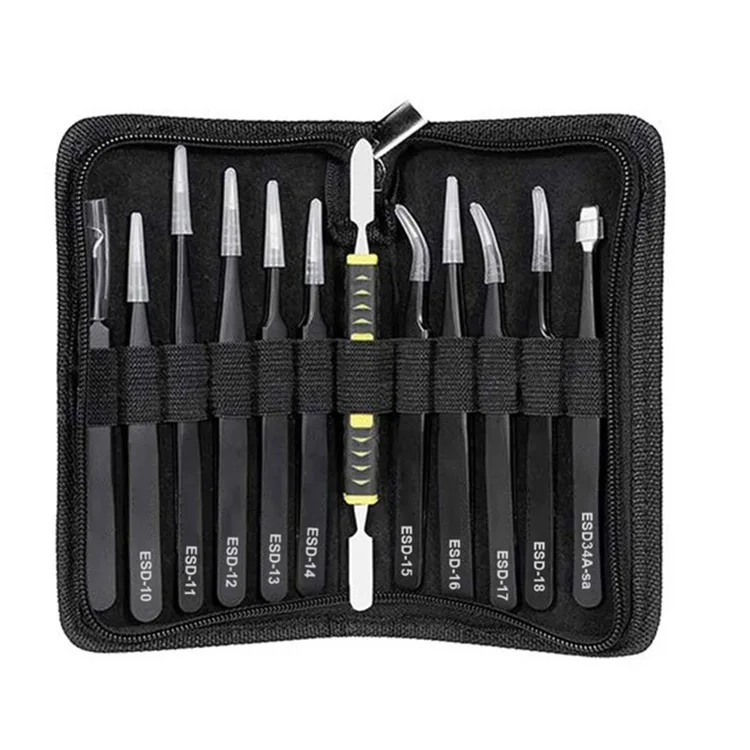 Description Picture 2 of item12Pcs/Set Precision Tweezers ESD Anti-static Stainless Steel Elbow Straight With Bag Repair Maintenance Tool Industrial Tweezers