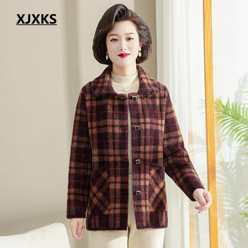 

XJXKS 2022 Autumn Winter New Women's Tweed Coat Single-breasted Cardigan Lapel Long-sleeved Imitation Mink Jaqueta Feminina