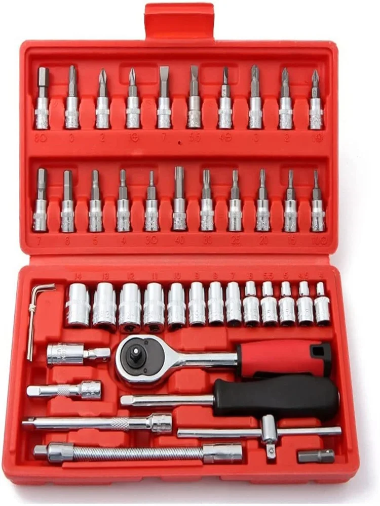 46pcs/Set 1/4 Inch Drive Socket Ratchet Wrench Set Automobile Maintenance Tool Socket Wrench Combination Hardware Tool Car Tools