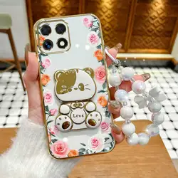 Elegant Gradation Rose Leaf Phone Case Set with Lanyard and Stand for Honor X6c (WHITE)