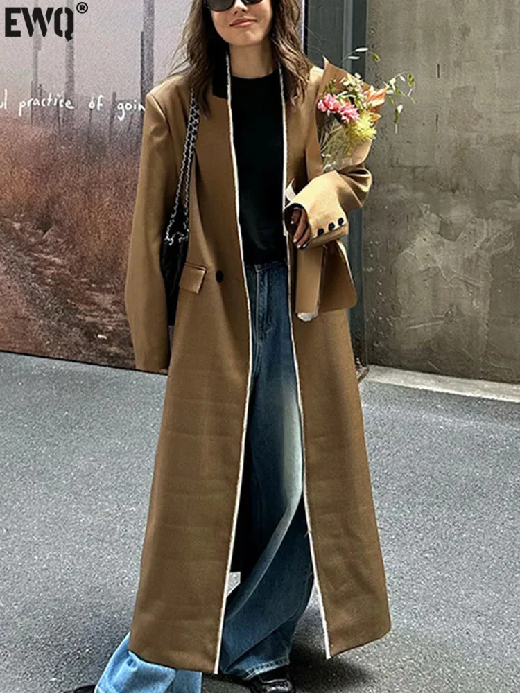 

[EWQ] Double Breasted High Street Fashion V-Neck Long Sleeve Women's Trench Coat Jackets Windbreaker 2023 Autumn Winter 16U6031