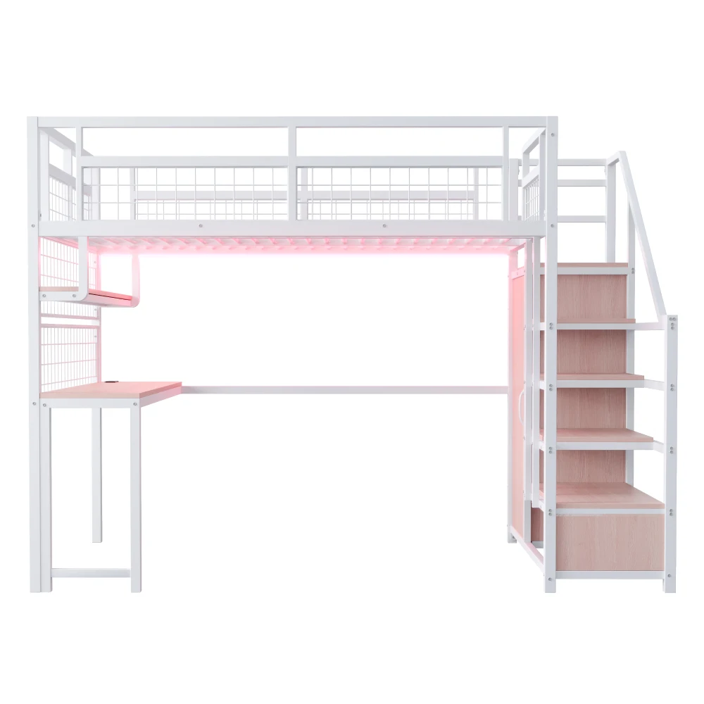 Metall-Hochbett 140×200cm, Multifunktionales Jugendbett mit Stauraumleiter & Kleiderschrank, Schreibtisch, Regal, Netzgitter, LED-Streifen & Steckdose – Detail 26