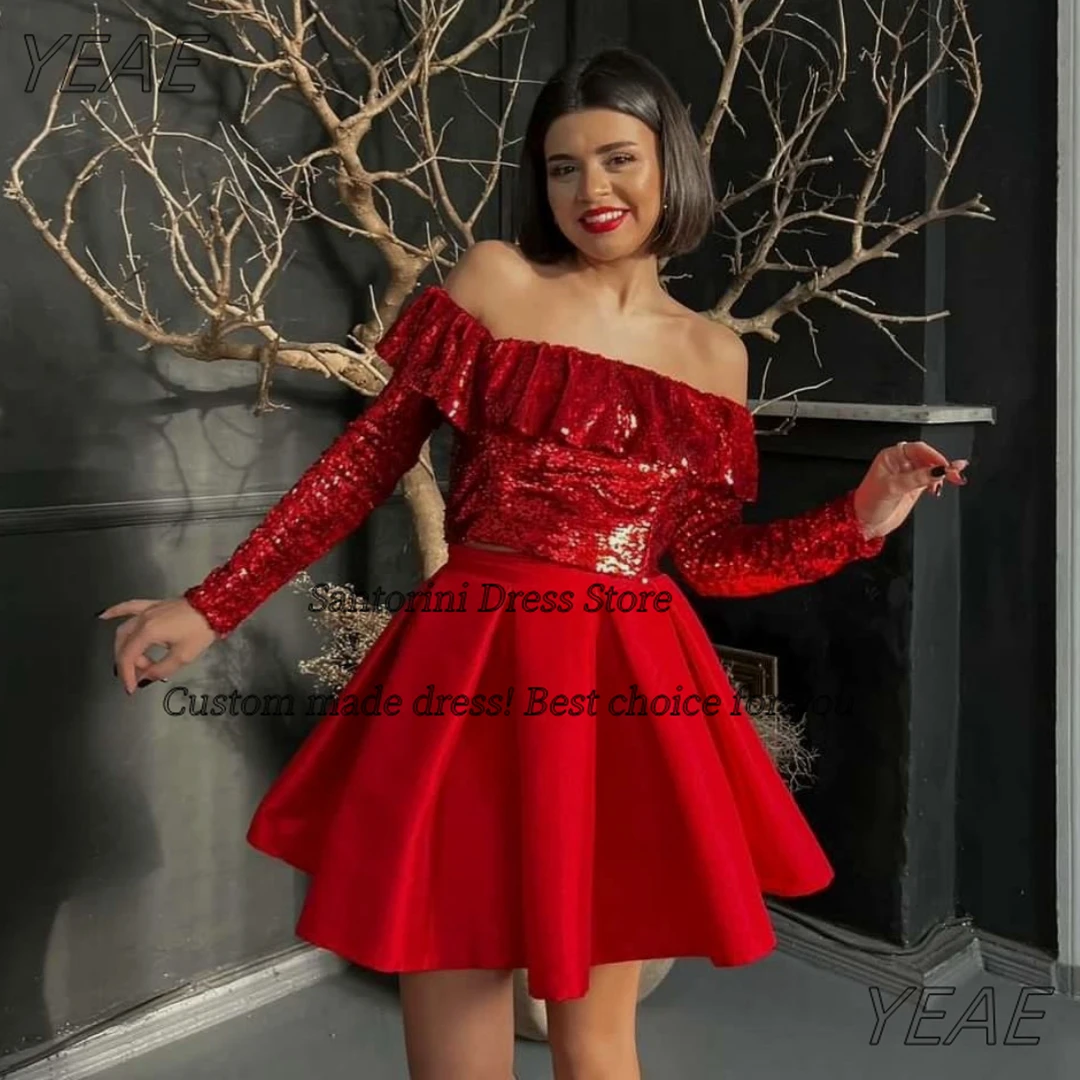 

Santorini Two Pieces Prom Dresses for Women Long Sleeves Sequins Lace Up Back Homecoming Dress A Line Short Cocktail Party Gowns