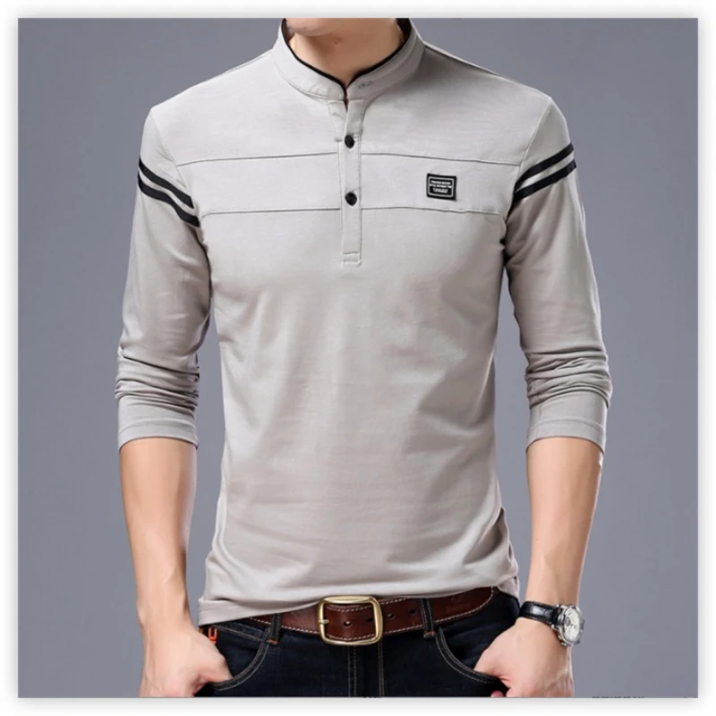 AutumnMensMandarinCollarLongSleeveTshirtsTrendSlimCottonKoreanStylePoloShirt