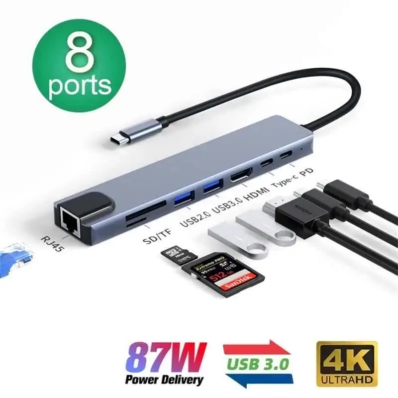 8-in-1 USB C Hub - 4K HDTV, 100W PD, USB Ports, Ethernet, SD/TF Card Reader - MacBook Pro/Air Compatible
