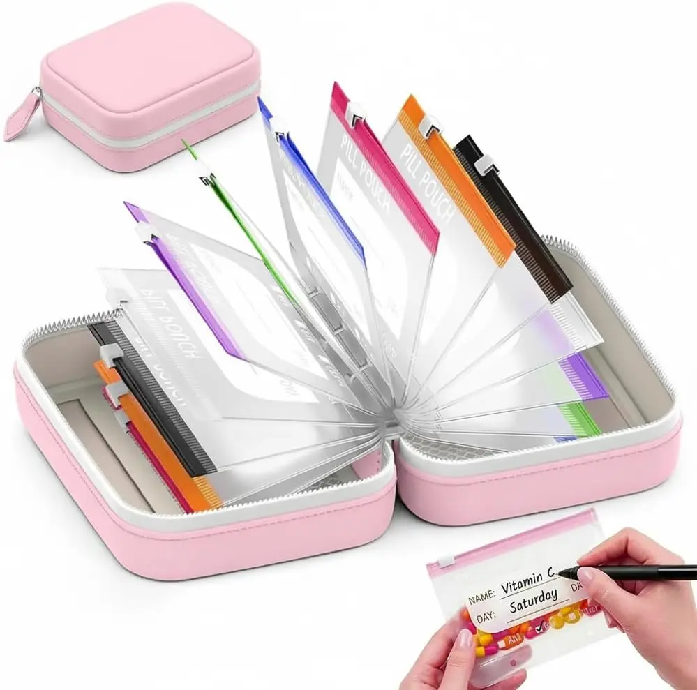 Travel-Friendly Waterproof Pill Organizer with Writable Labels - 14-Day Reusable Pouch Set