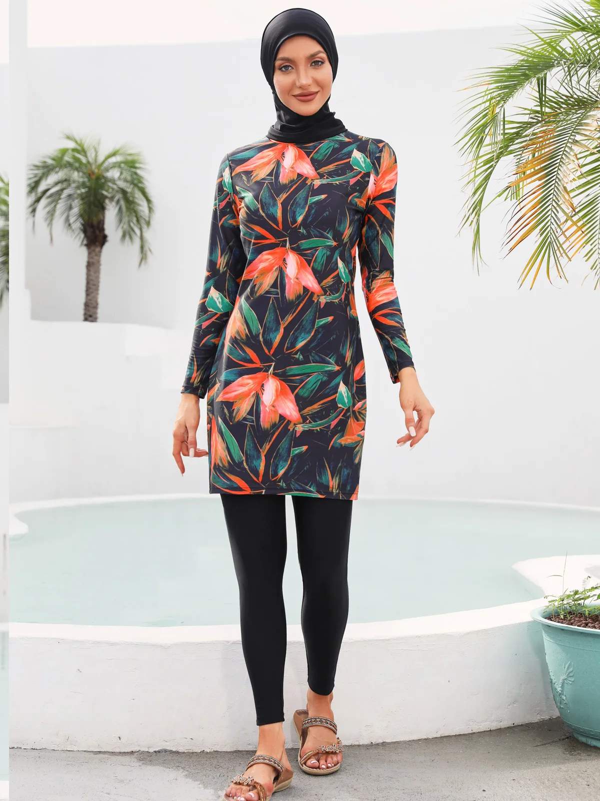 Women Muslim Swimwear Maple Leaf Printing Lslamic Clothes Hijab 3 Pcs Long Sleeves Sport Swimsuit Burkinis Bathing Suit