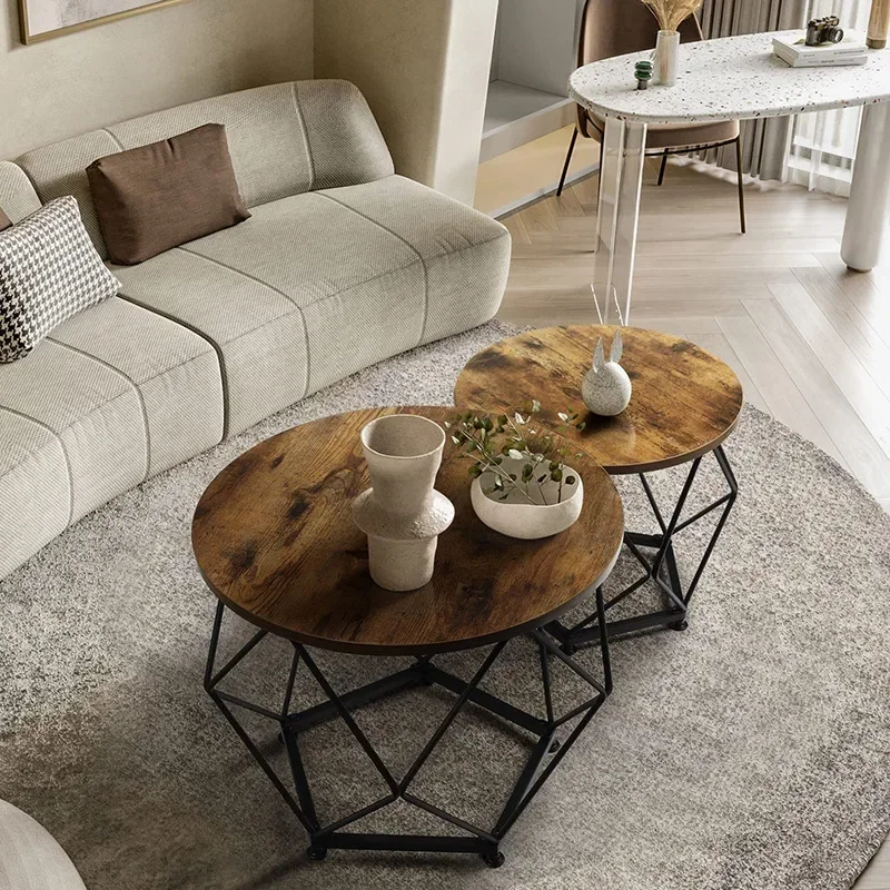 Nordic Light Luxury Coffee Table Two-piece Set Coffee Wrought Iron Steel-wood Solid Wood Round Low Table Home Living Room