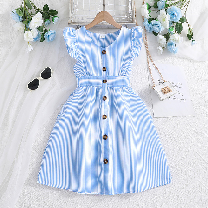 Girl Dress Summer New Light Blue Stripe Ruffled Sleeveless V-Neck Dress Elegant Cute Daily Casual Vacation Preppy Style Outifits