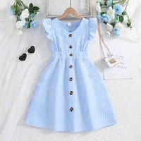 Girl Dress Summer New Light Blue Stripe Ruffled Sleeveless V-Neck Dress Elegant Cute Daily Casual Vacation Preppy Style Outifits