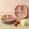 3PCS Silicone Baby Tableware Wooden Handle Fork Spoon Suction Feeding Dishes Baby Meal Tray Feeding Training Sets For Children 5