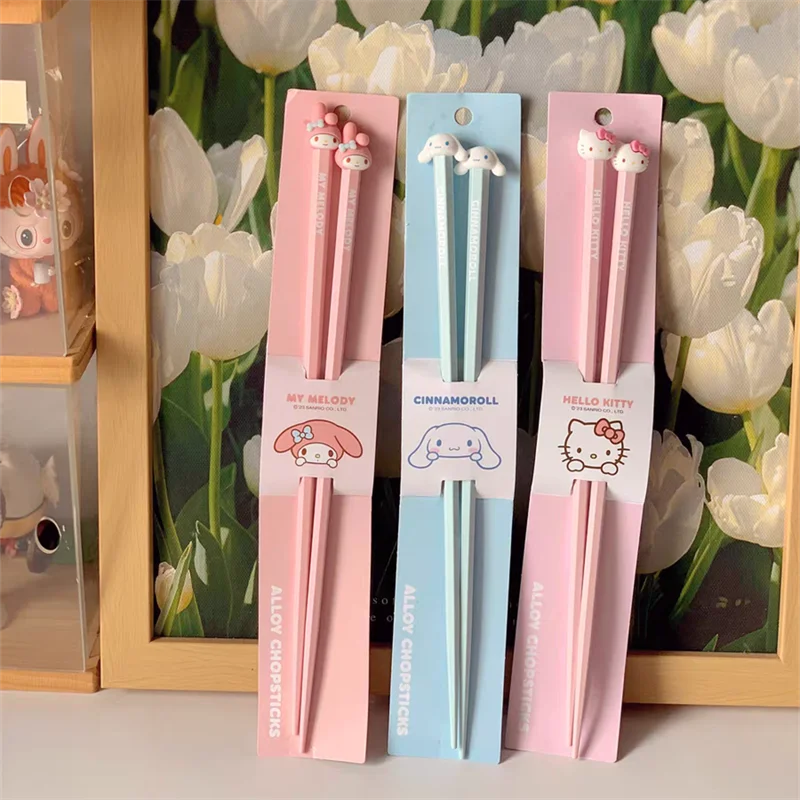 2024 New Sanrio Hello Kitty My Melody Cinnamoroll Alloy Chopsticks Tableware Household High Temperature Anime Kawaii Creative