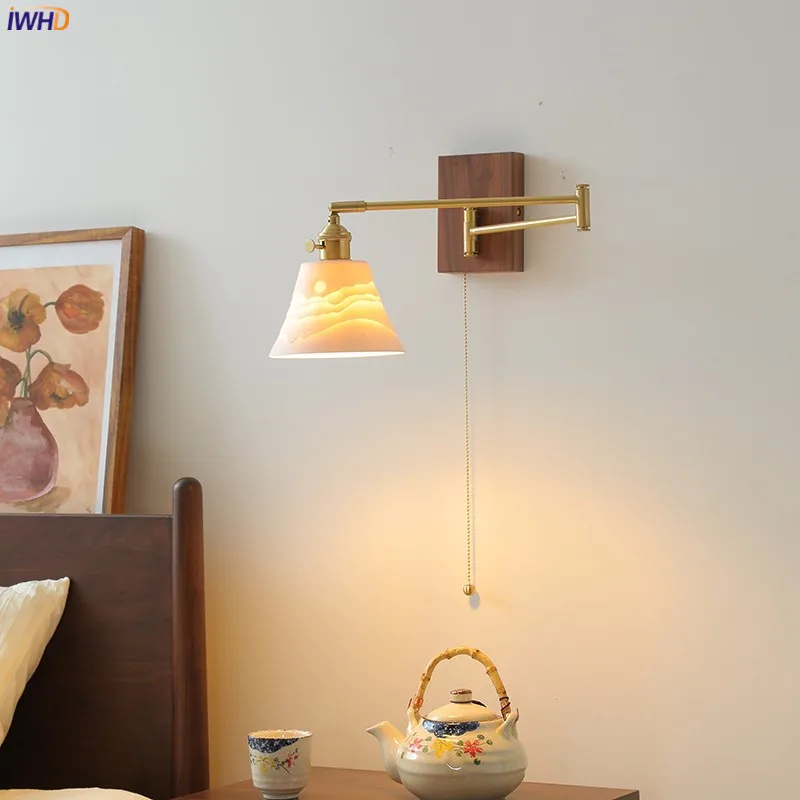 Iwhd Pull Chain Switch Lampade Da Parete A Led In Ceramica Braccio In Rame Sinistra Destra Ruota Regolabile Bagno Camera Da Letto Accanto Alla Lampada