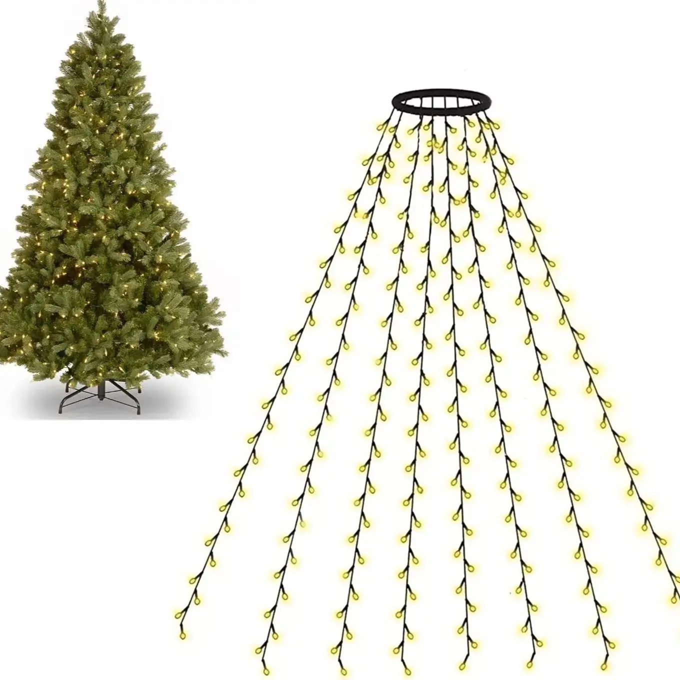 LED Ring Christmas Tree Topper Lights - Outdoor Waterproof Waterfall String for Patio and Garden Decoration