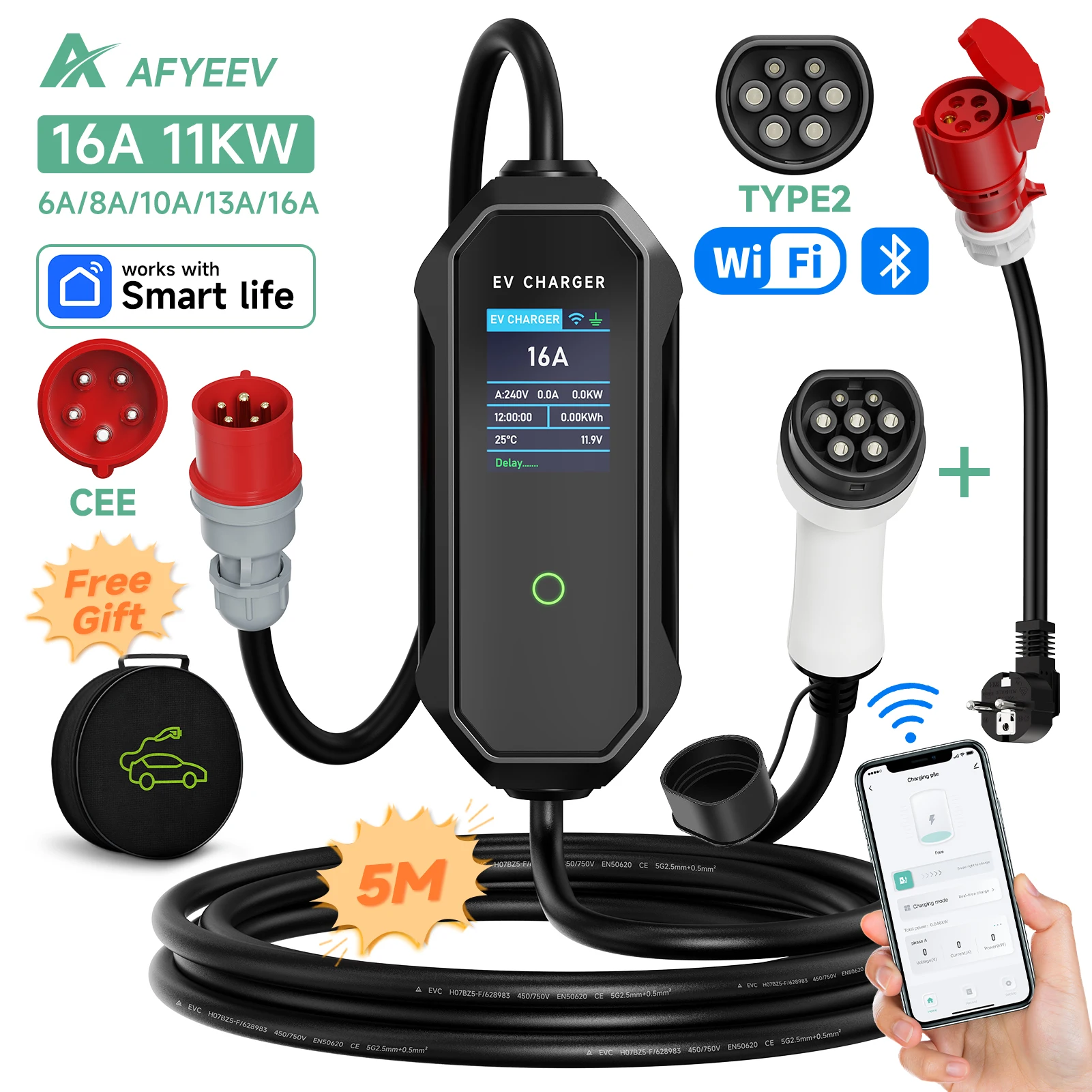 Chargeur Voiture Électrique Portable 7.4kW Type 2 - 15m Câble - Prise CEE 32A - Pour Tesla, VW, Audi, Etc.