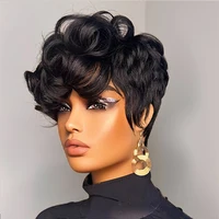 1B #   Perruque de cheveux humains coupe lutin pour femmes, 6 pouces, couches courtes, amples et bouclées avec frange, densité 180%, cheveux brésiliens Remy, bonnet en filet Rose 2