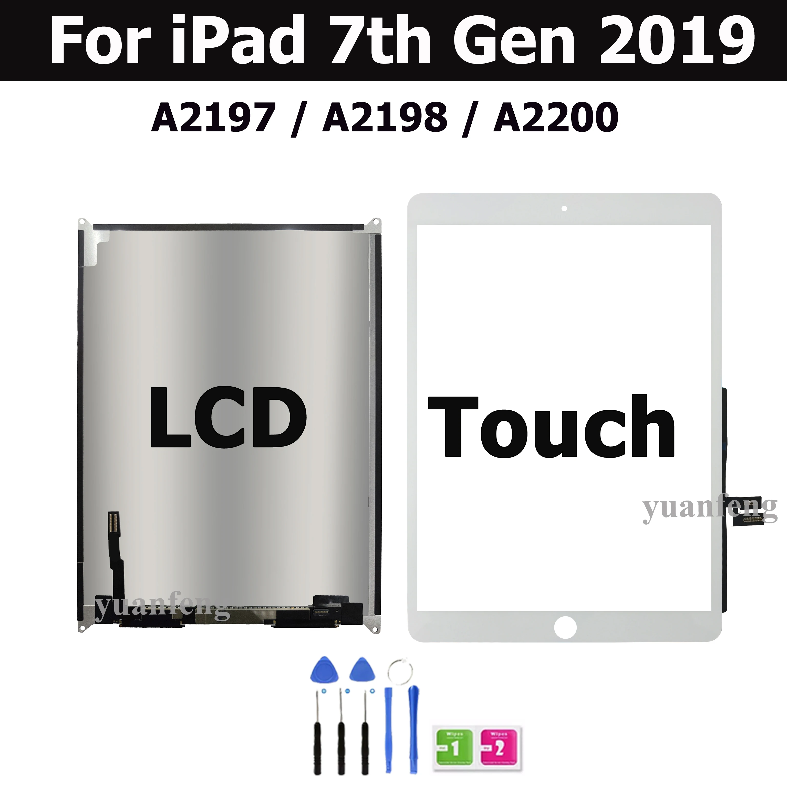 태블릿 디스플레이 LCD 교체, LCD 터치 스크린 유리 패널 부품 수리, 아이패드 7 10.2 2019 7 세대 A2197 A2198 A2200, 10.2 인치