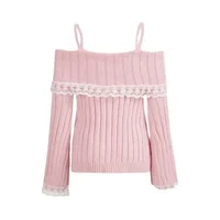 Women Off Shoulder Knit Sweater Pink Pullover Sweet Pullovers Long Sleeve Bow Lace Patchwork Jumpers Y2k Streetwear - Image 4