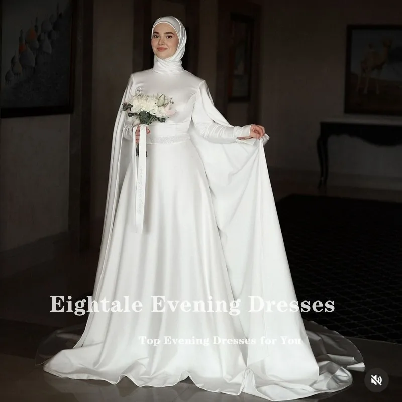 Eightale Muslim Wedding Dress High Neck Satin Customized Beaded Sashes Arabic Bridal Gown Long Sleeves Vestido De Noiva 4