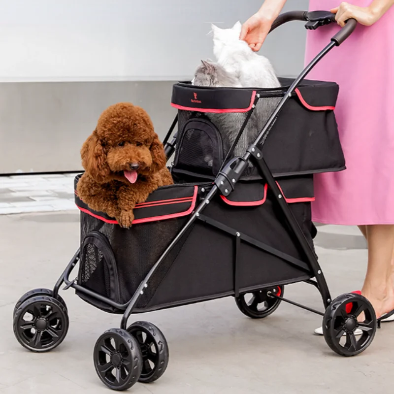 

Luxury Pet Cat Stroller Folding Double-layer Newborn Baby Dog Pull Cart Four-wheel Shock Transporter Carrier Travel Bags