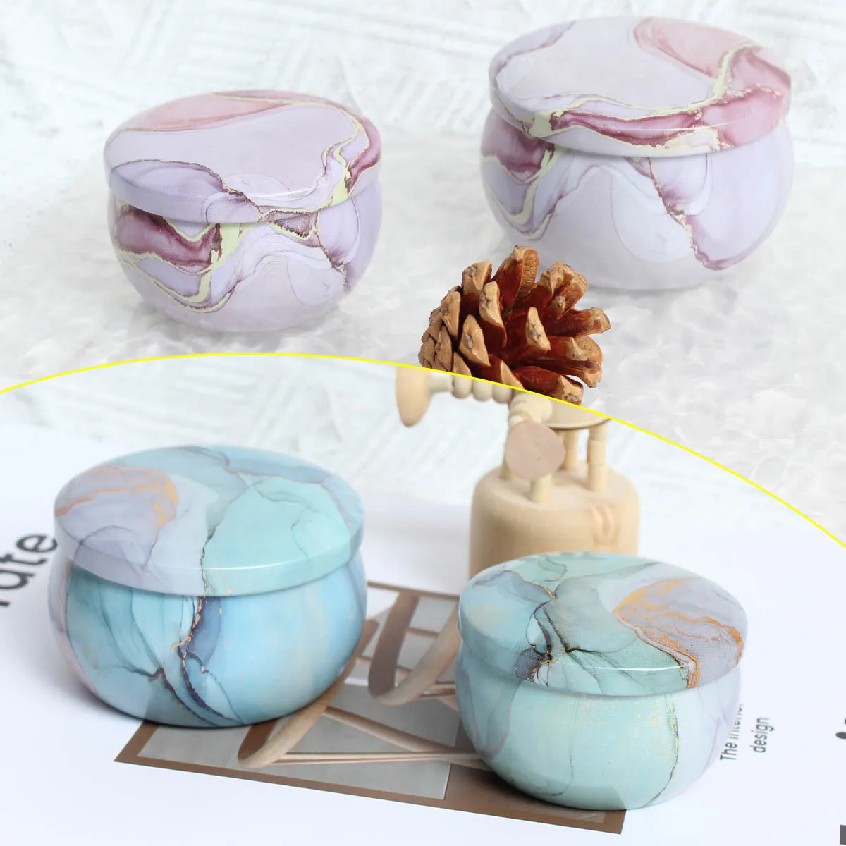 Candle tin jars wooden candle lids 12-Piece Marble Pattern Candle Tins 2.2oZ Iron Containers With Lids for Diy Candles Jewelry Storage & Gifts
