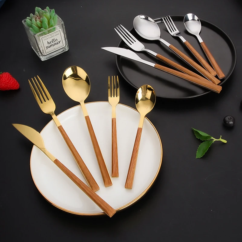

Wooden Grain Cutlery Set Stainless Steel Imitation Dinnerware Silverware Knife Fork Coffee Dessert Spoon KitchenTableware